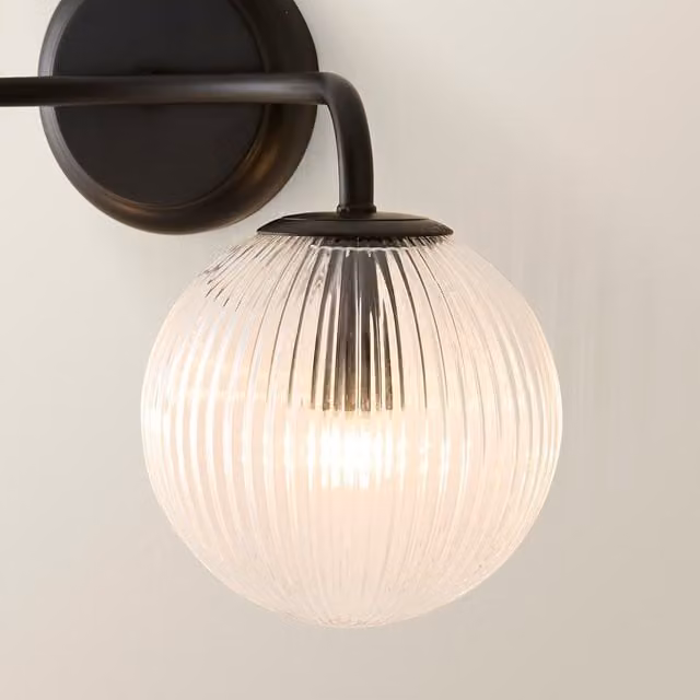 ValueLights Kempton 2 Arm Wall Light with Transparent Ribbed Glass Globe Shade in Black – 1