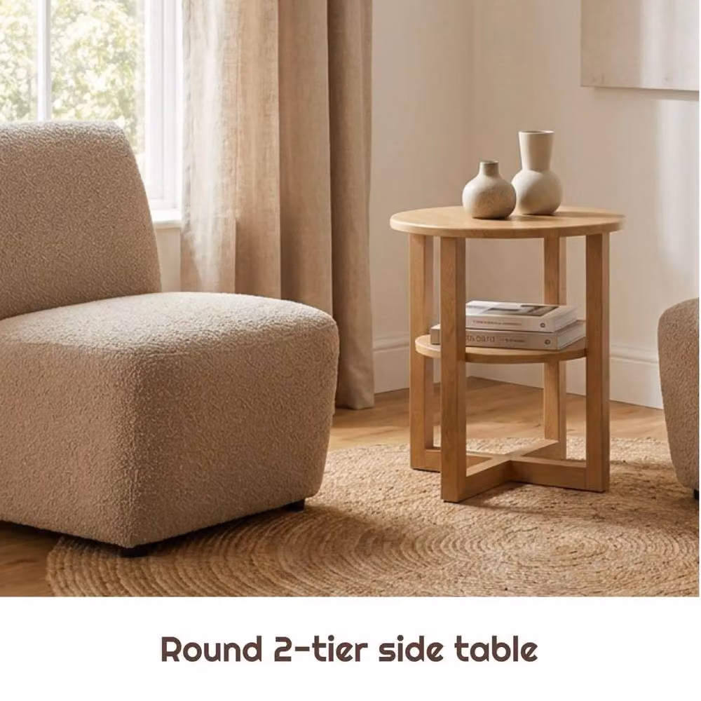 FORGEVIO Small Oak Side Table and Plant Stand in Beige – 2