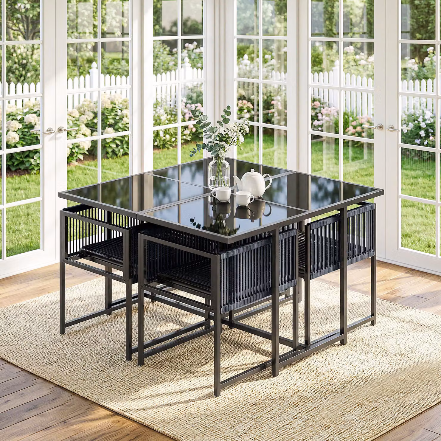 Outsunny 5 Piece Garden Dining Set with Glass Top Table and 4 Chairs in Dark Grey – 5