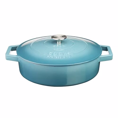 Cooks Professional Enamelled Cast Iron Shallow Casserole Dish with Lid and Handles, 28 cm, 4.3 l, Petrol