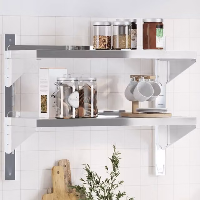 Berkfield Home 2-Tier Wall Mounted Metal Shelf in Silver, W/D/H: 75 x 30 x 60 cm