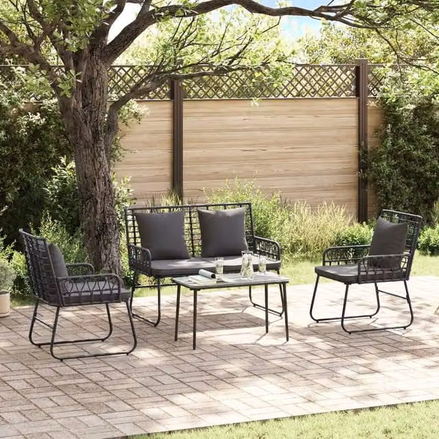 Berkfield Home 3 Piece Poly Rattan and Steel Garden Dining Set with Pillows in Black