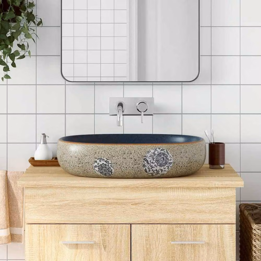 Berkfield Home Oval Ceramic Countertop Basin in Sand and Blue, W: 59 cm, D: 40 cm, H: 14 cm – 2