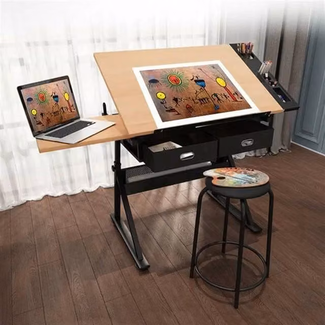 EONLION Modern Art Craft and Writing Desk with Tilting Top and 2 Drawers in Brown and Beige, Width: 100 cm