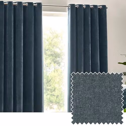 Riva Home Blue Chenille Velvet Eyelet Curtains, W: 117 cm, H: 183 cm