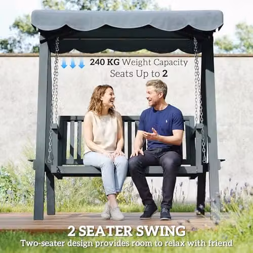 Outsunny 2 Seater Grey Garden Swing Seat with UV-Resistant Sun Canopy and Armrests – 5