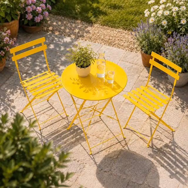 Marco Paul Modern Glossy Yellow 3 Piece Metal Folding Garden Bistro Set, H 72 cm x W 60 cm x D 60 cm