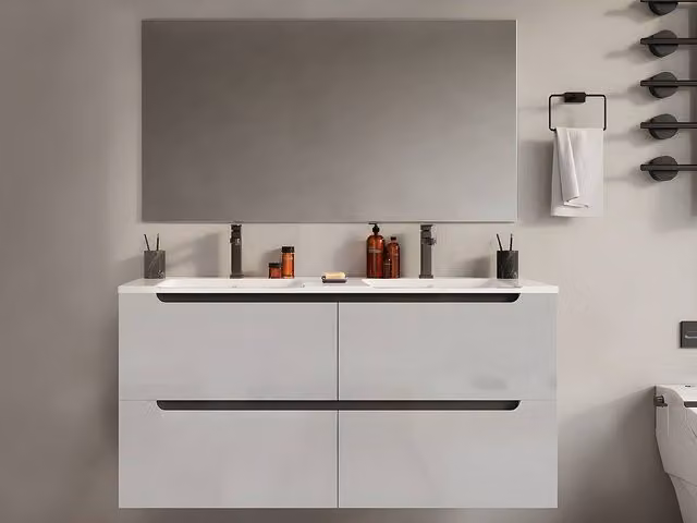 Vente-unique Wall-Mounted Modern Bathroom Furniture with Double Ceramic Inset Basins in White, W: 120 cm, D: 46 cm, H: 57 cm