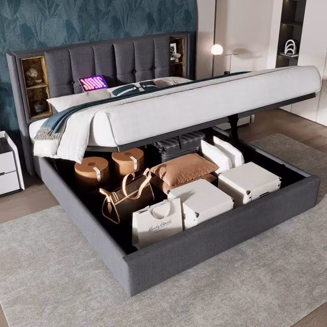 BTM Grey Upholstered Hydraulic Storage Bed Frame with Wireless Charging and USB Port, W: 140 cm, D: 200 cm