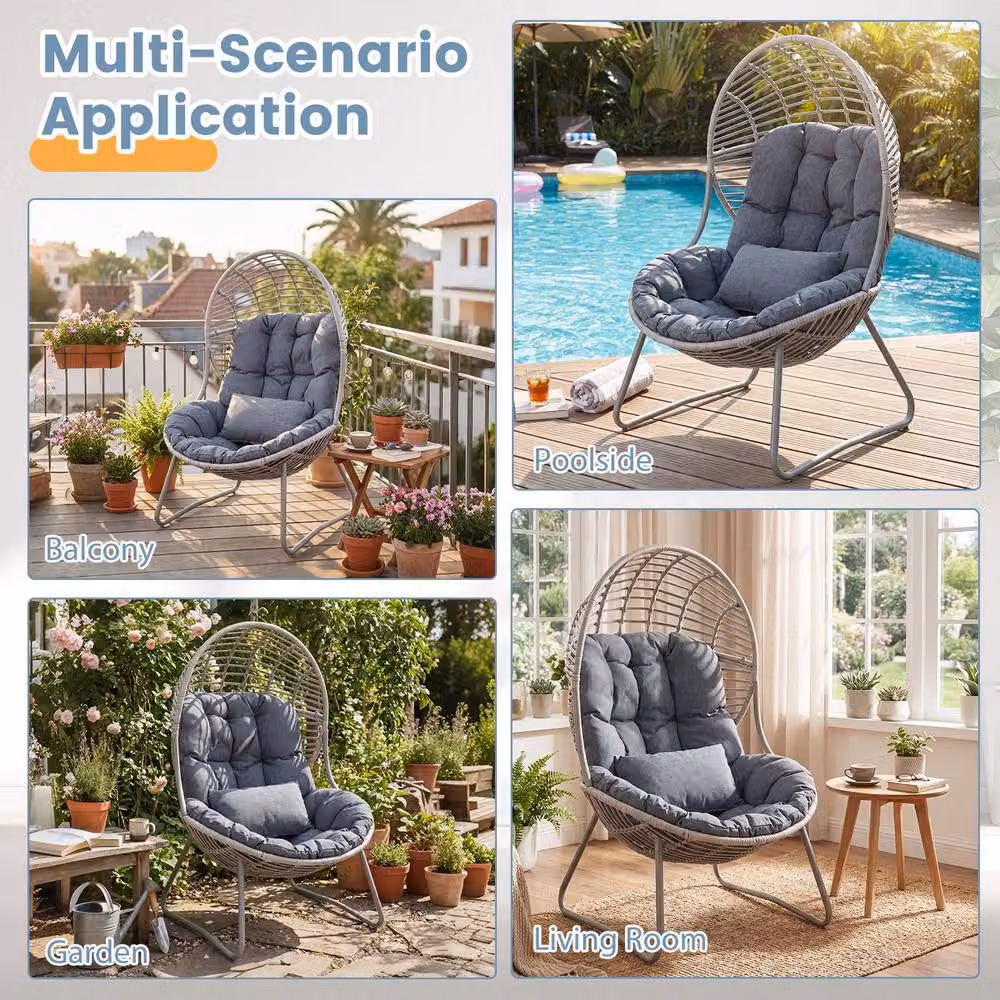 Costway Oversized PE Wicker Egg Chair with Removable Seat and Back Cushions in Grey – 6
