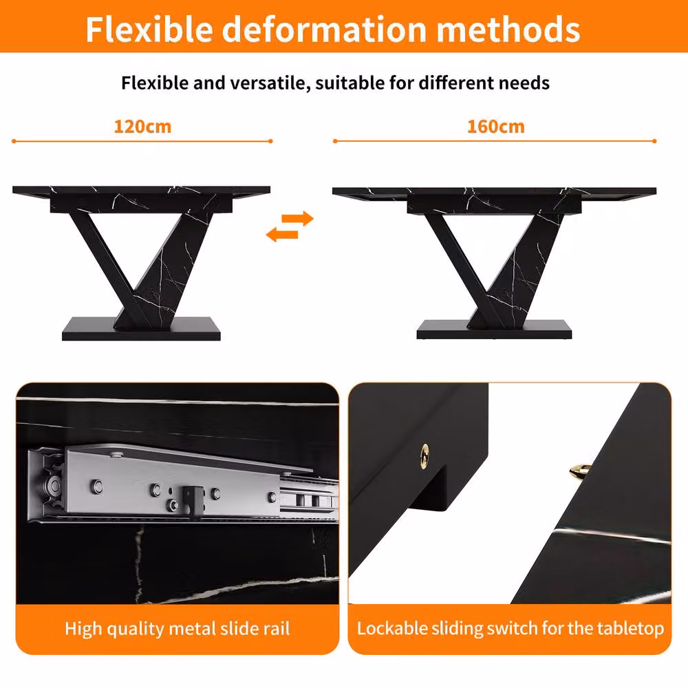 ModernLuxe Extendable Rectangular Dining Table with Black Marble Pattern, W/D/H: 160 x 75 x 75 cm – 4
