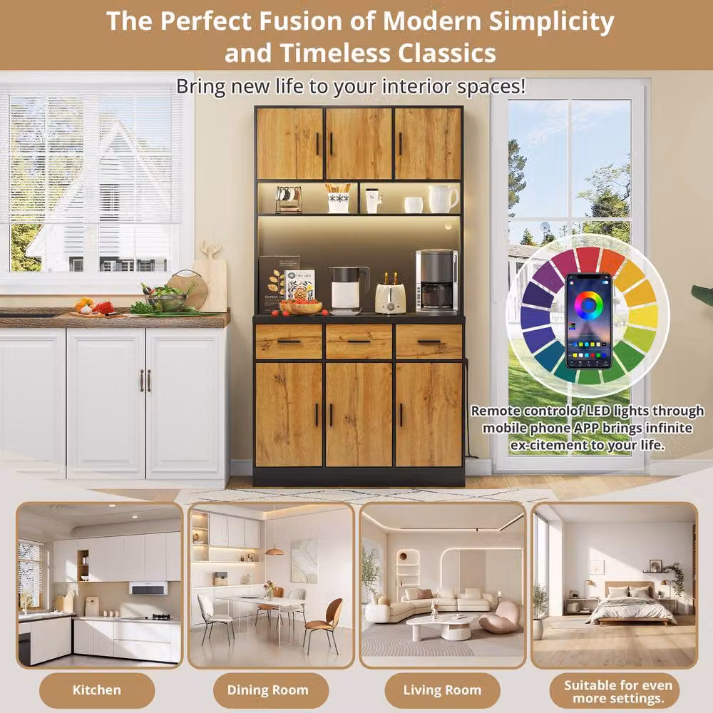 BTM Modern Black Tall Kitchen Pantry Cabinet with Integrated Lighting and Internal Drawers, H 180 cm – 2