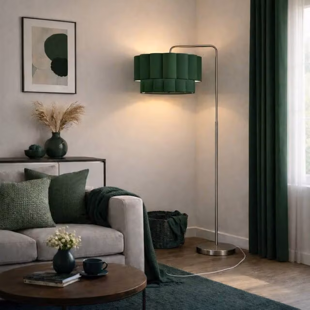 CGC Lighting Kyra Brushed Nickel Floor Lamp with Two Layer Scalloped Dark Green Fabric Lampshade – 1