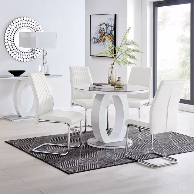 FurnitureboxUK Giovani Round Grey Dining Table and 4 Lorenzo Chairs Set with Glass Top, Diameter: 120 cm, White