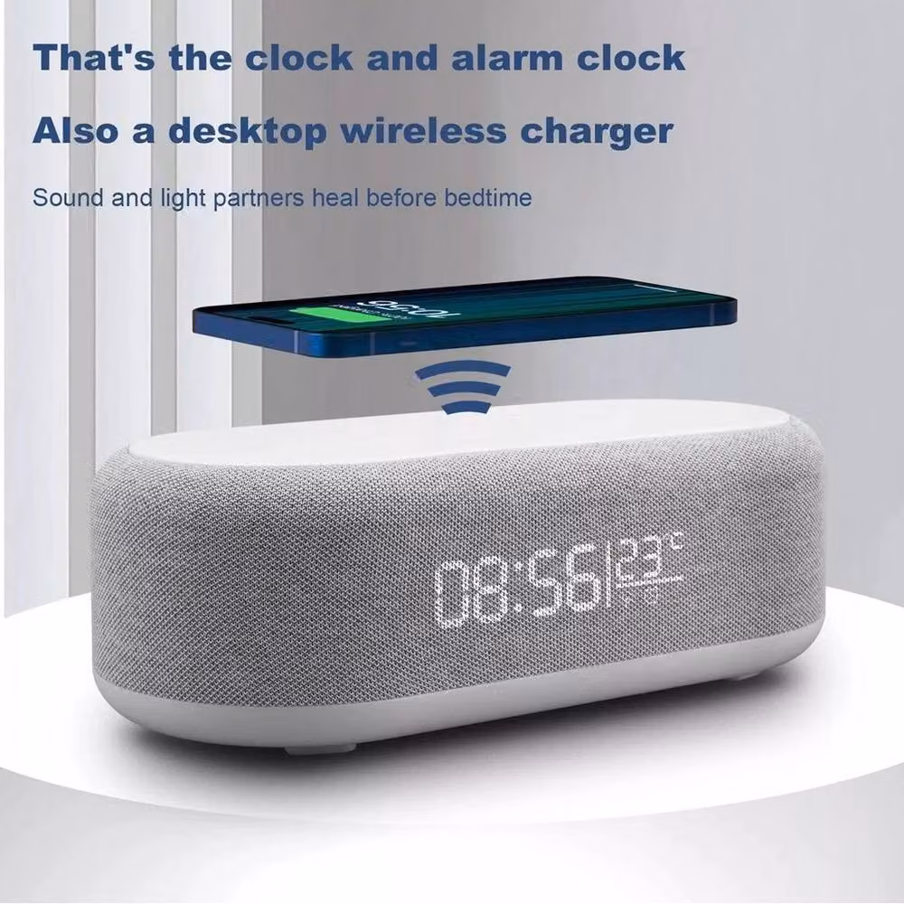 FLAVORA 4-in-1 Wireless Charger Lamp Speaker Clock in Grey with Dimmable RGB Night Light – 3