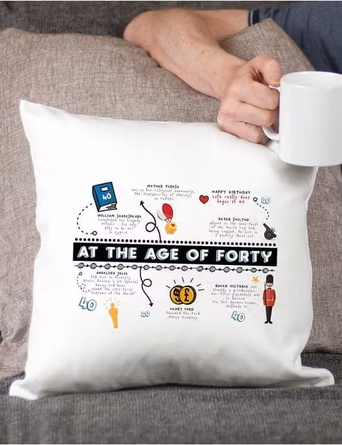 Afewhometruths 40th Birthday Fun Facts Cushion in White, W/D/H: 40 x 40 x 40 cm