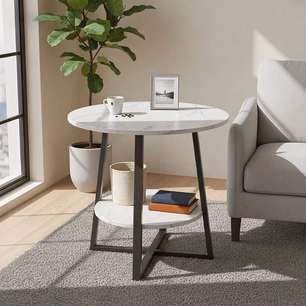 FORGEVIO 2 Tier Round White Sofa Side Table with X-Frame Design, W/D/H: 60 x 55 x 60 cm – 2