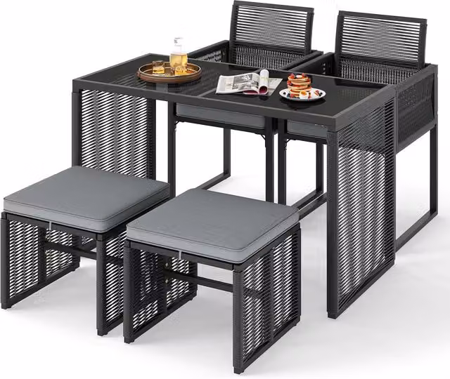 Costway 5 Piece Modern Polyrattan Patio Dining Set with Glass Table in Black