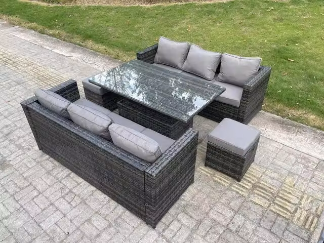Fimous 8 Seater Outdoor Rattan Garden Furniture Set with Adjustable Rising Lifting Dining Table and Footstools in Dark Grey