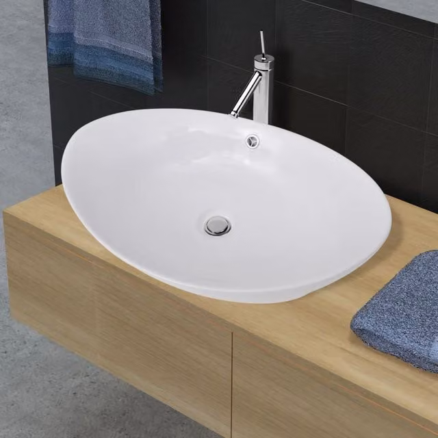 Berkfield Home Luxury Oval Ceramic Basin with Overflow, White, W: 59 cm, D: 38.5 cm, H: 5 cm – 1