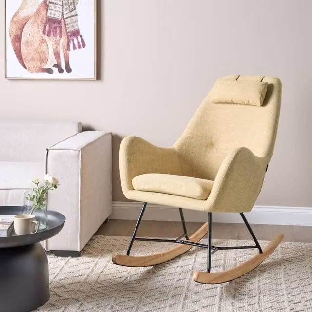 Wyld and Coco Modern Rocking Chair in Yellow Fabric with Mixed Metal and Rubberwood Legs