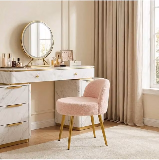 Living and Home Teddy Fleece Dressing Table Stool with Metal Legs in Pink – 1