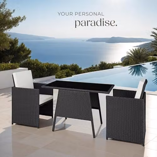 tectake Rattan Bistro Set with 2 Chairs and 1 Glass Top Table in Black – 7