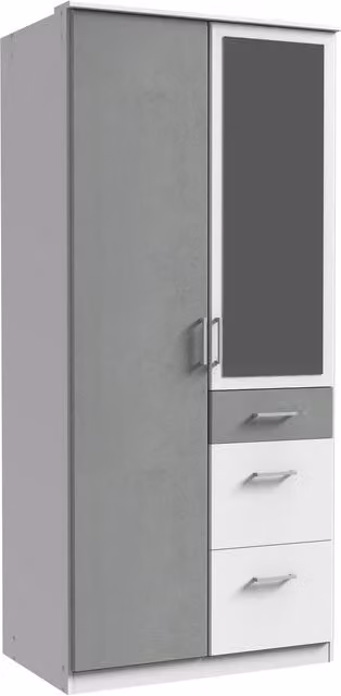 Click Modern 2 Door Wardrobe in White and Grey with Integrated Drawers and Mirror
