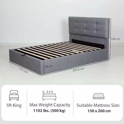HOMCOM King Ottoman Bed with Gas Lift and Tufted Linen Headboard, Grey, W: 150 cm, D: 200 cm, H: 194 cm – 2