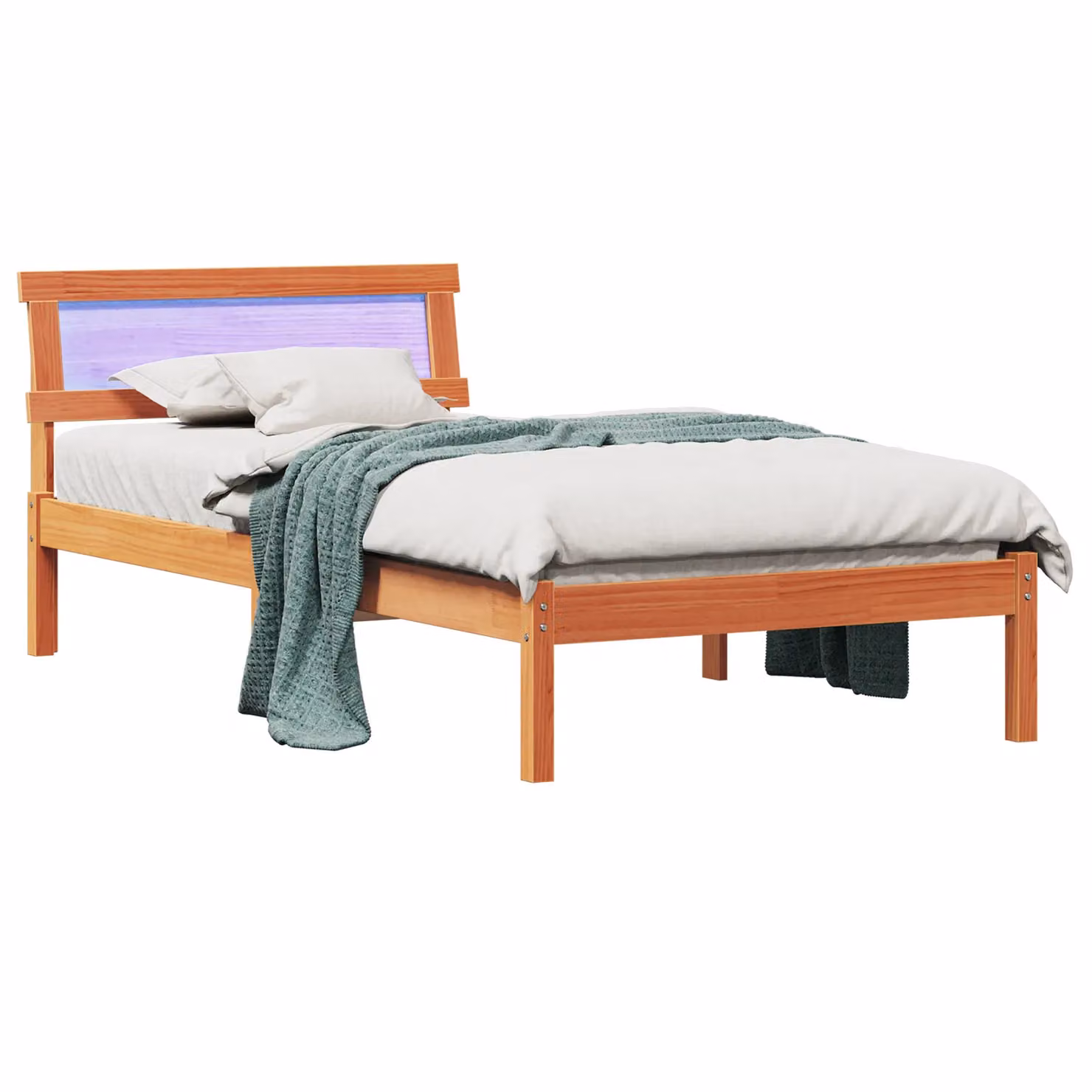 Berkfield Home Solid Pine Wood Bed Frame with Headboard and LED Under-Bed Lighting in Wax Brown, W/D/H: 100 x 200 x 105.5 cm – 2