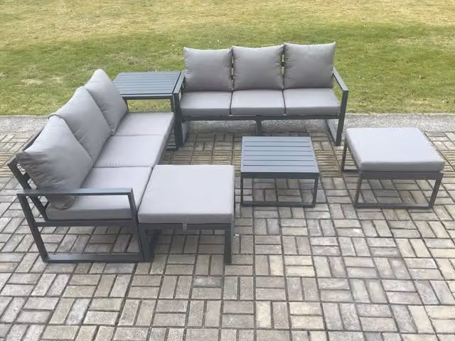 Fimous 8 Seater Aluminium Garden Furniture Set in Dark Grey with Cushions, Coffee Table and Ottoman