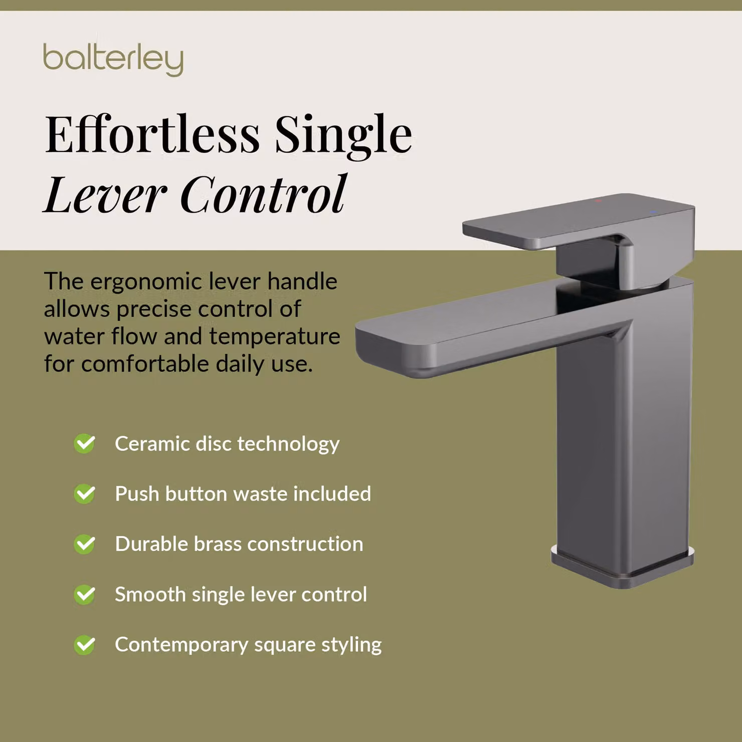 Balterley Square Mono Basin Mixer Tap with Pop Up Waste in Brushed Pewter Silver – 3