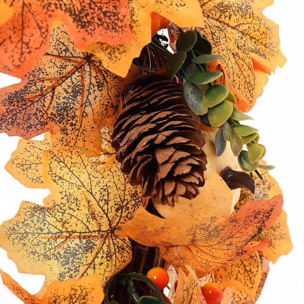 Garden Sanctuary Autumn Floral Front Door Wreath with White and Orange Pumpkins – 7