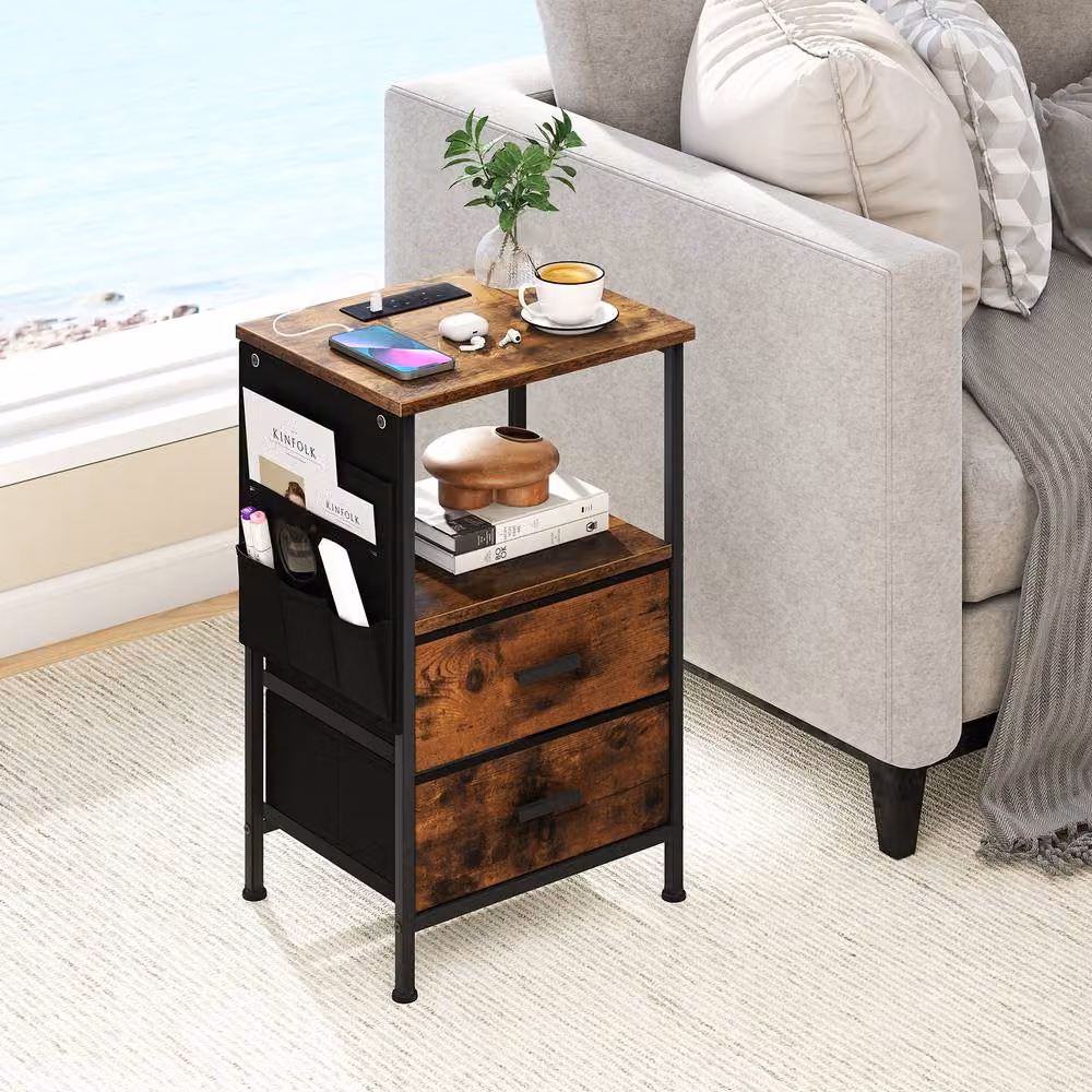 Gymax Brown Industrial Nightstand End Table with Charging Station, 2 Drawers and Integrated LED Lights – 6