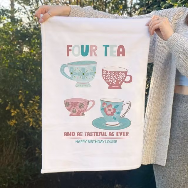 Afewhometruths Personalised Four Tea 40th Birthday Gift Tea Towel in White, W: 60 cm – 1