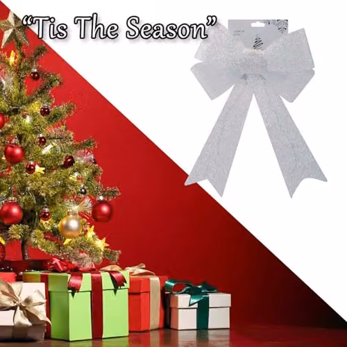 VFM e-Store Light Up Tinsel Bow Christmas Decoration, White, W/D/H: 29 x 43 x 10 cm – 5