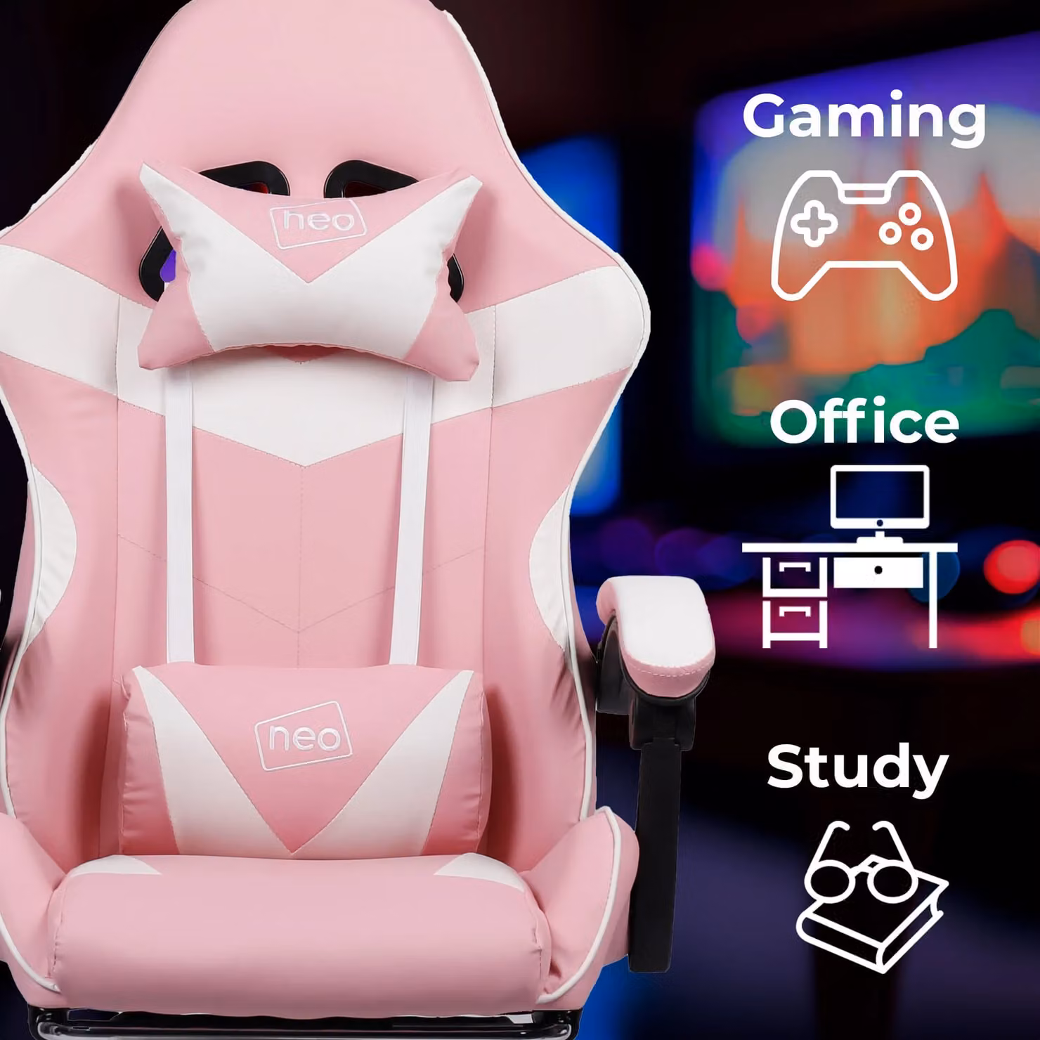 Neo Pink PU Leather Racing Gaming Chair with Footrest and Headrest – 4