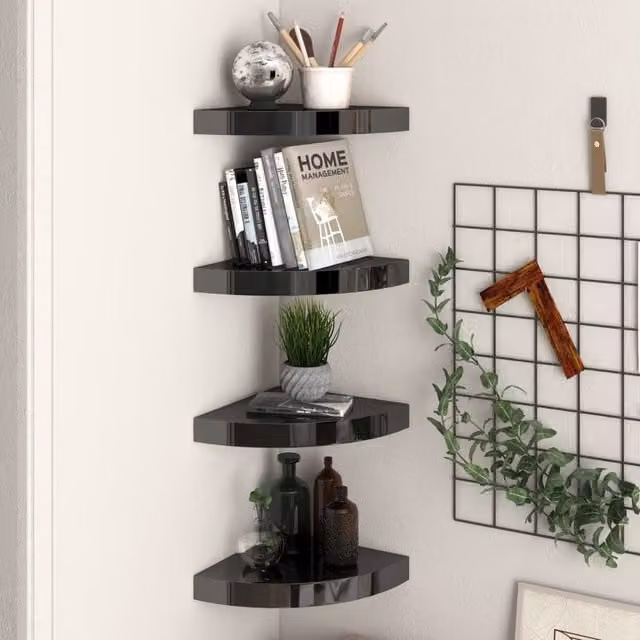 Berkfield Home Set of 4 High Gloss Black Floating Corner Shelves, W/D/H: 25 x 25 x 4 cm – 1
