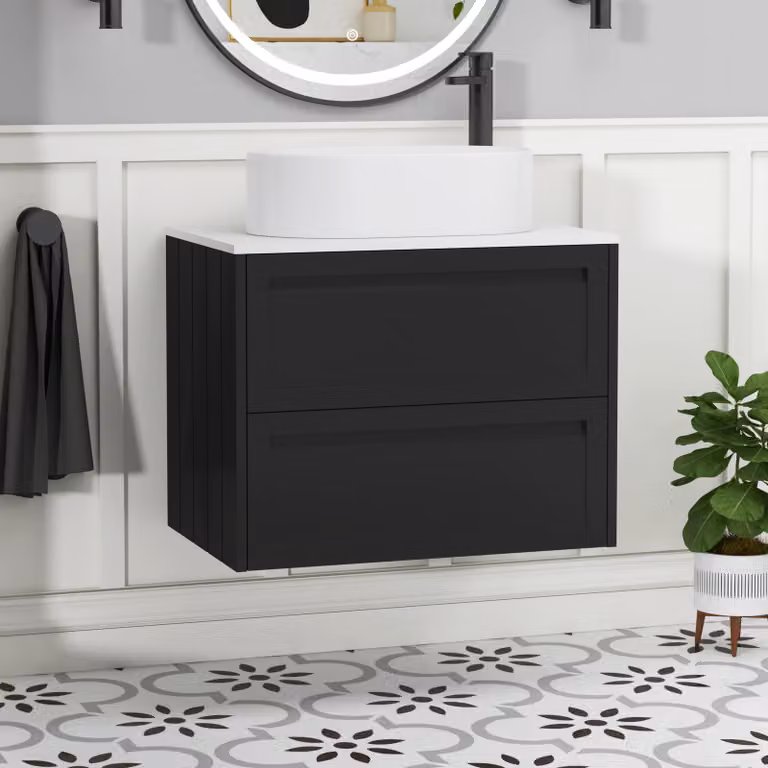 Royal Bathrooms Elmore 700mm Wall Hung Vanity Unit in Matt Nocturne Black with 2 Drawers and Plain White Worktop with Peak Basin