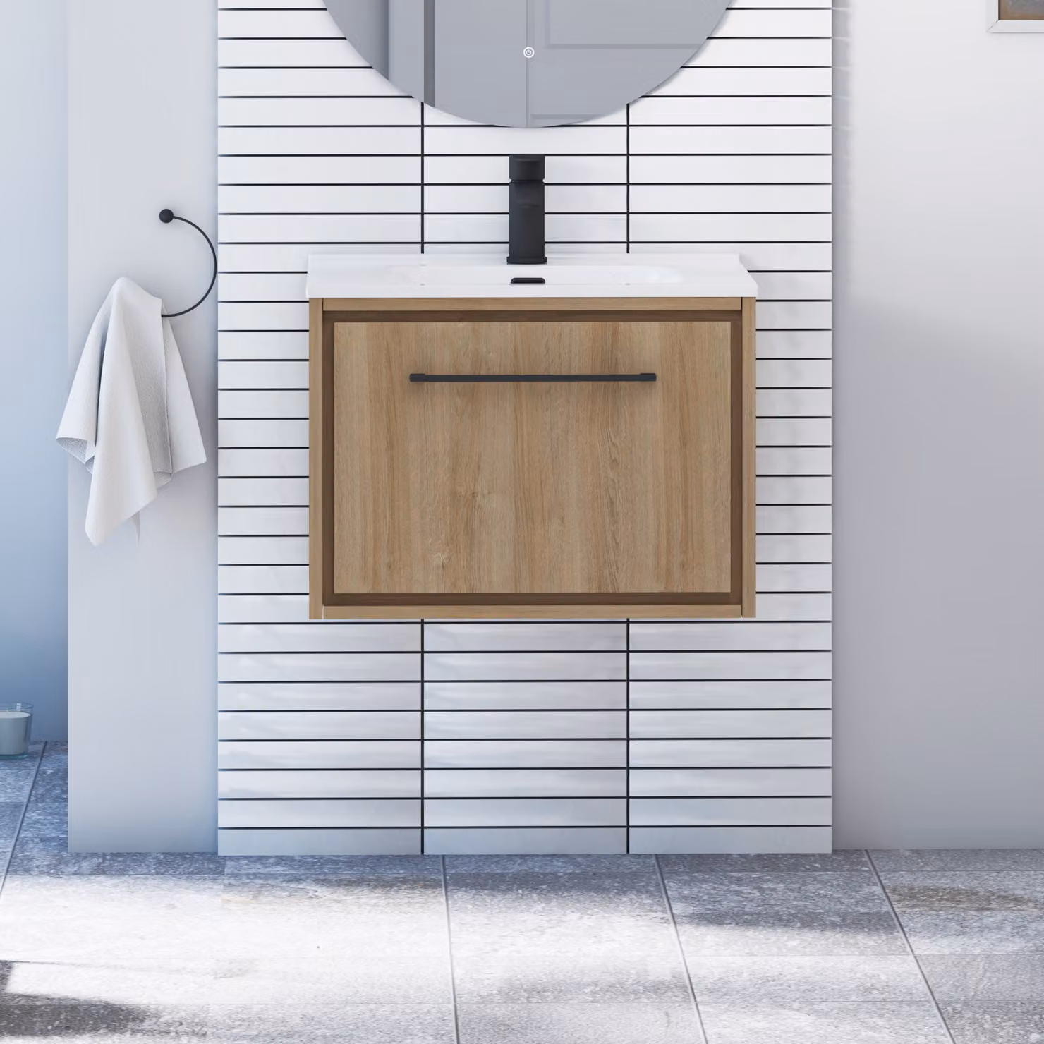 Livora Natural Oak Wall Hung Bathroom Vanity Unit with Ceramic Basin and Matt Black Handle
