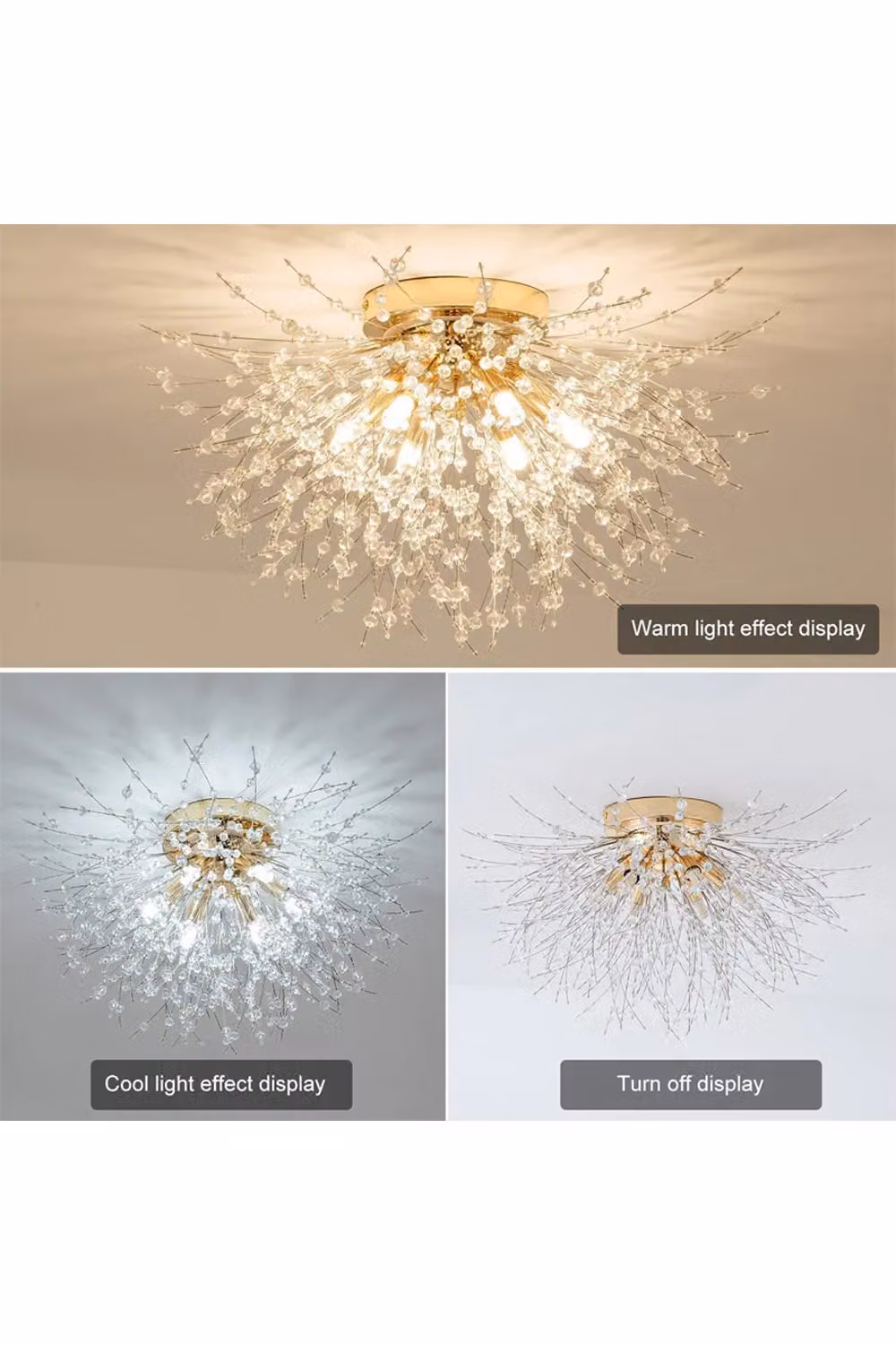 Living and Home Modern Sputnik Fireworks Flush Mount Ceiling Light in Gold and Crystal – 3