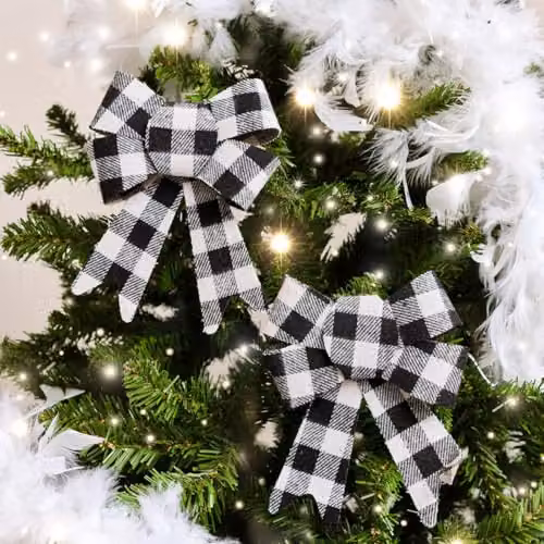 Melody Maison Set of 2 Black and White Checked Bow Hanging Decorations – 1