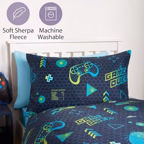 OHS Reversible Gaming Duvet Cover and Pillowcase Set in Green and Blue for Teenagers, W/D/H: 200 x 200 x 50 x 75 cm – 2