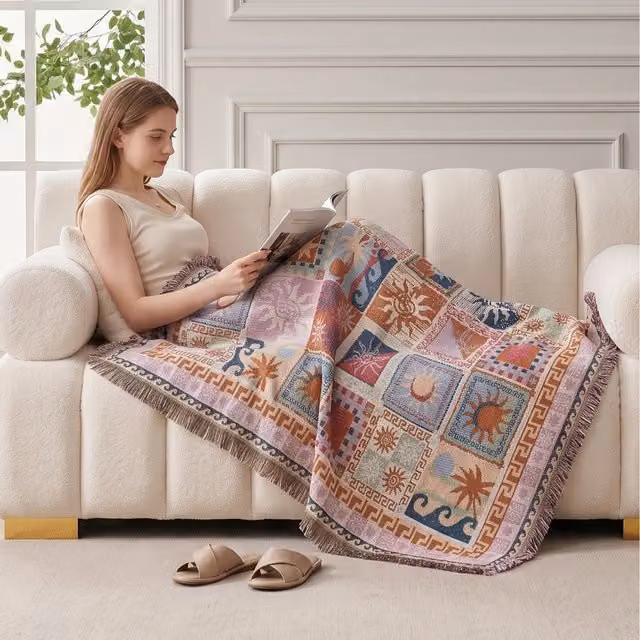 Livingandhome Boho Patchwork Throw Blanket with Fringes, Multicolour