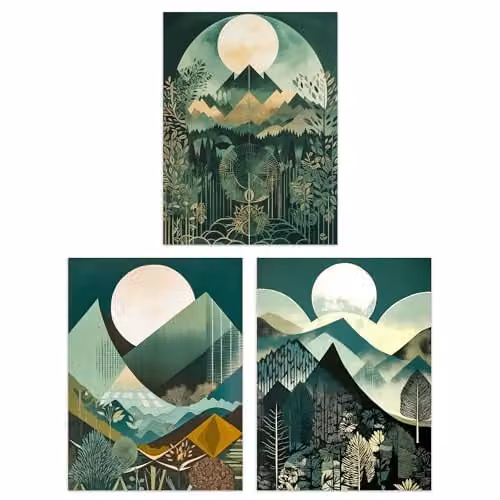 Artery8 Set of 3 A4 Geometric Forest and Mountain Landscape Boho Art Deco Unframed Paper Poster Prints in Beige, Petrol and Green – 1
