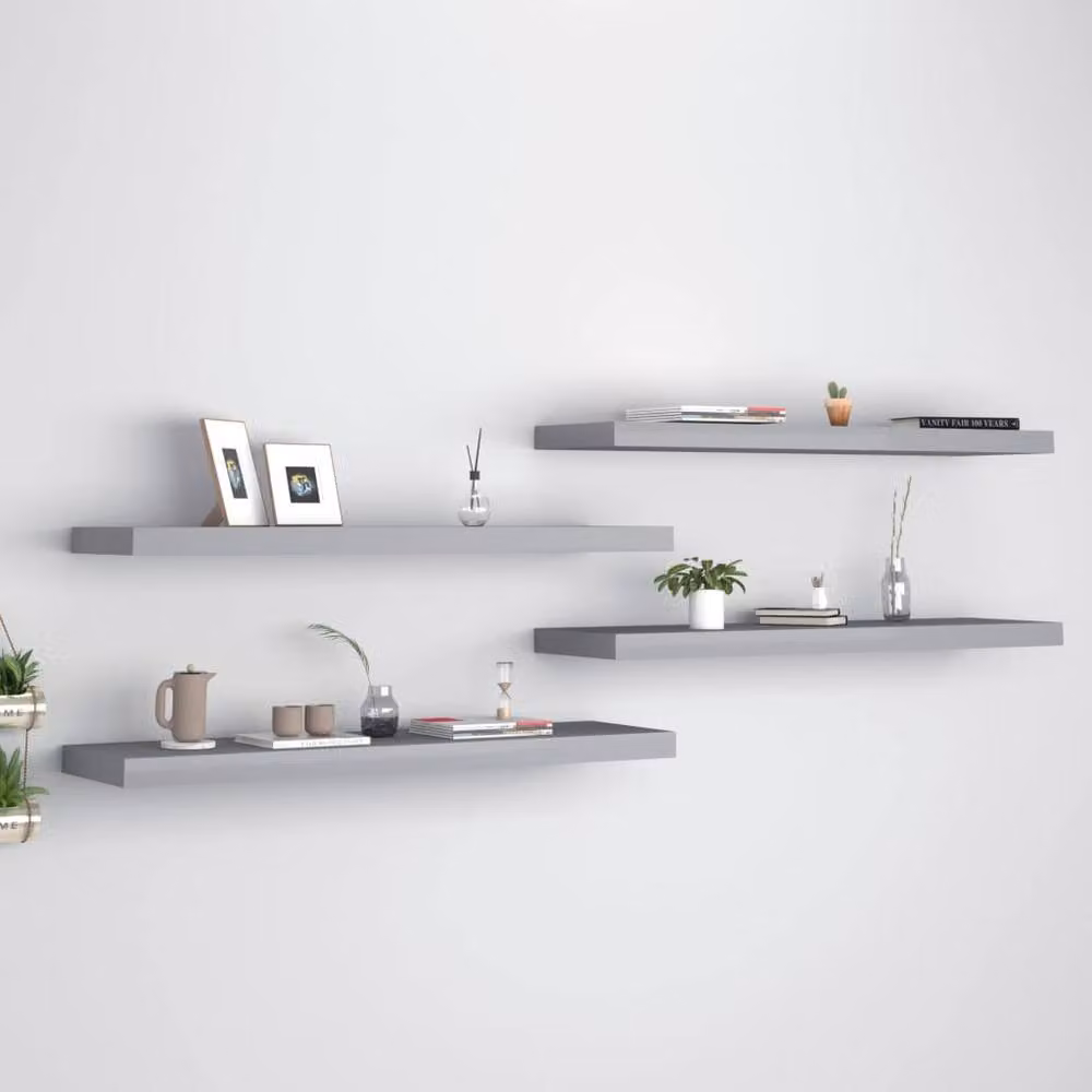 Berkfield Home Durable Floating Wall Shelves, 4 Piece Set, Grey, W: 90 cm, D: 23.5 cm, H: 3.8 cm