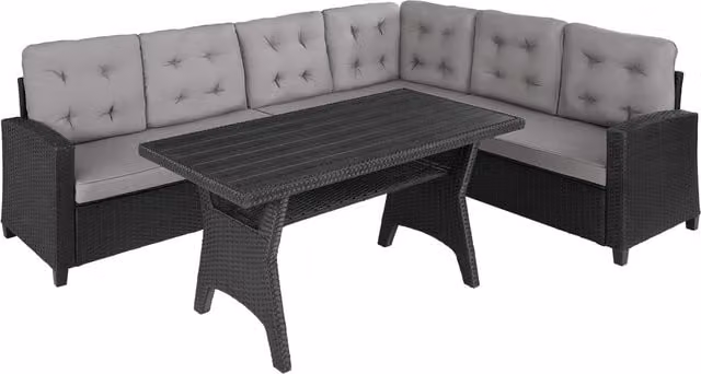 tectake Catania L-Shape Garden Furniture Set in Black and Grey Polyrattan with Upholstered Cushions
