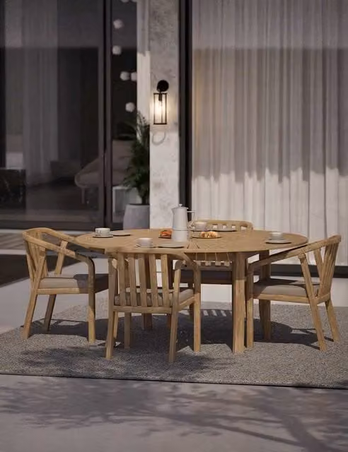 Royalcraft Maris 4 Seater Round Acacia Wood Garden Dining Set with Beige Cushions in Brown