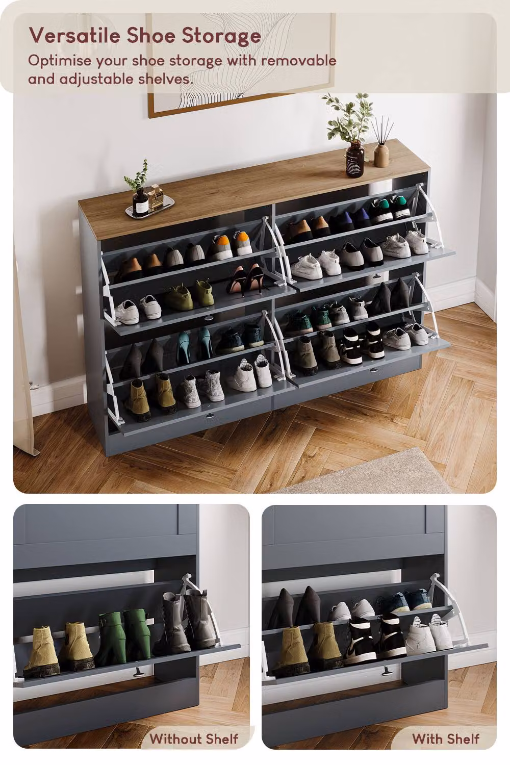 Vida Designs Modern Grey Flip Down Shoe Cabinet with Tilting Compartments and LED Lighting – 3