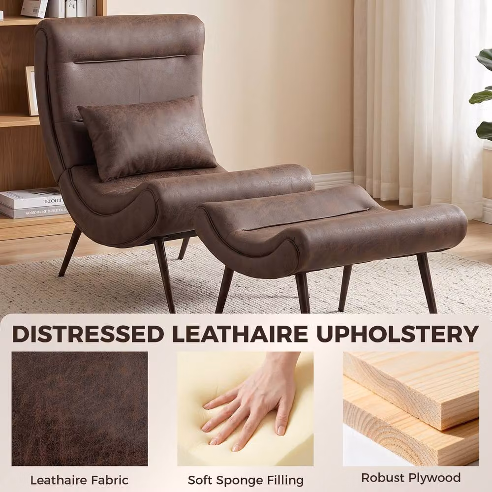 HOMCOM Modern Brown Synthetic Leather Accent Chair with Ottoman and Lumbar Pillow, Seat Width: 64 cm – 6